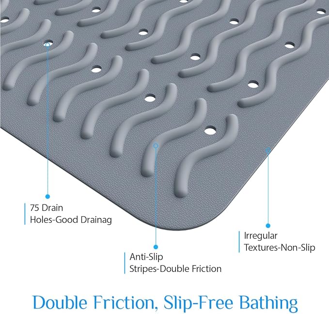 Non Slip Bathtub Mat & Shower Mat, 31x15'' Anti Slip Bath Mat for Tub, Soft TPE Anti-Skid Bathroom Mat with 194 Suction Cups & Drain Holes, Wave-Textured Grip, Machine Washable, Grey