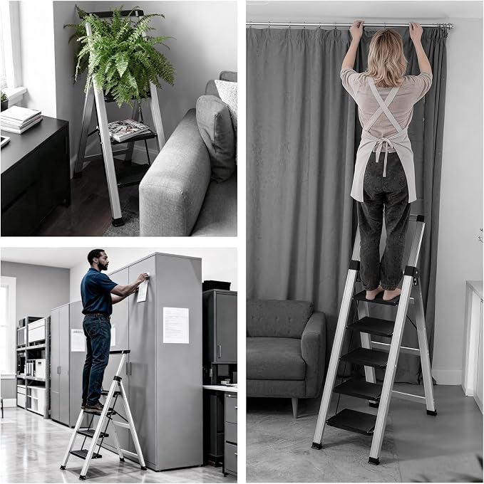 XinSunho 3 Step Ladder, Aluminum Folding Stool with Retractable Handrails & Tool Tray, Anti-Slip, Sturdy Lightweight, 330lbs Safety for Kitchen Indoor Outdoor