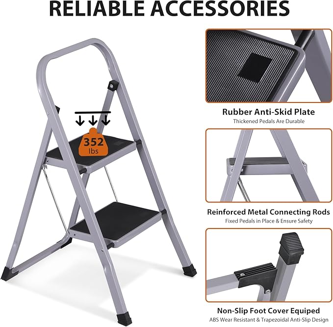 ZENY 2 Step Ladder Folding Step Stool with Wide Anti-Slip Pedal, Convenient Handgrip, Portable Steel Step Stool, 300 lbs Sturdy Steel Ladder for Household and Office, Gray