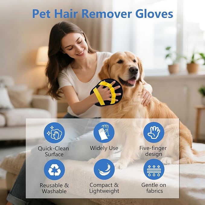 Pet Hair Removal Glove for Dogs & Cats, Reusable Washable Electrostatic Pet Hair Remover Glove, Pet Hair Mitt with Finger Straps for Couch, Carpet, Car Seats, Clothes, Furniture, Yellow