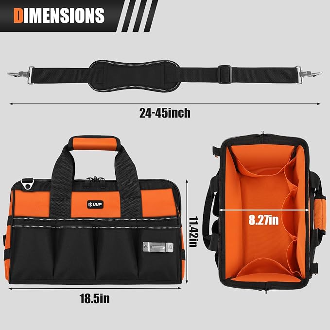 UUP Heavy Duty Tool Bag 18-Inch, 16-Pocket Portable Soft Tool Box Organizer Storage, Handle Tactical Carry Tote Empty Toolbox with Large Zipper, Father Day Dad Men Gift for Mechanic Engineer, Orange