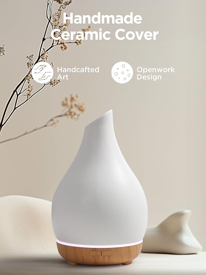 InnoGear Essential Oil Diffuser, 300ml Ceramic Diffuser for Home Handcrafted Stone Aromatherapy Diffusers Ultrasonic Cool Mist Humidifier Vaporizer 4 Timers, White Vase-Shaped Ceramic, Large