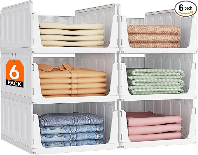 Lifewit 6 Pack Stackable Closet Organizers and Storage Basket for Clothes, Plastic Sweater Storage Bins for Wardrobe, Multifunctional Pants Organizer for RV, Pantry, Kitchen, Dorm, 16.5" Depth