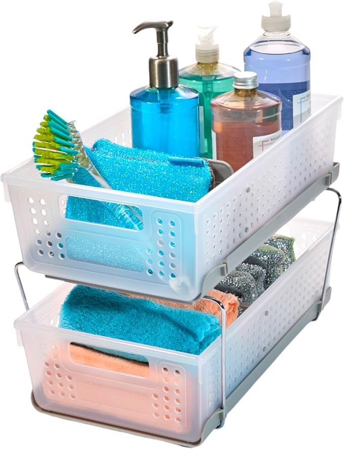 madesmart 2 Tier Bath Organizer,Undersink Storage with Sliding Drawers,for Cleaning Supplies, Pantry, Sponges,Bottles&Kitchen Essentials,Adjustable Dividers&Pull Out Sliding Baskets,Frost, (Pack of 2)