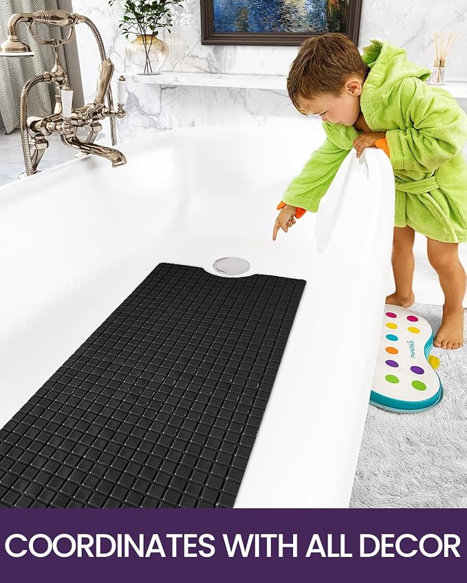 DEXI Bathtub Mat Non Slip, Extra Long 39x16, Suction Cups, Drain Holes, Machine Washable for Tub Shower Floor, Black
