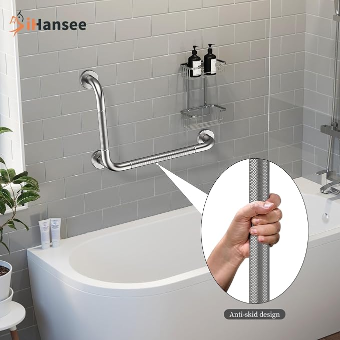 L-Shaped Angled Grab Bar 12x16 Inch Brushed Nickel Anti-slip Knurled Shower Handle Wall Mount, Stainless Steel Shower Bar for Seniors Injured Balance Support, Handicap Grab Bars for Bathtubs & Showers