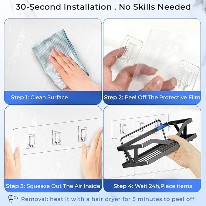 Shower Caddy Adhesive Replacement Hooks, Heavy Duty Waterproof Strips, No Drilling for Bathroom Shelves, Kitchen Racks, and Soap Holders (Transparent-4 Pack 3 Hook)