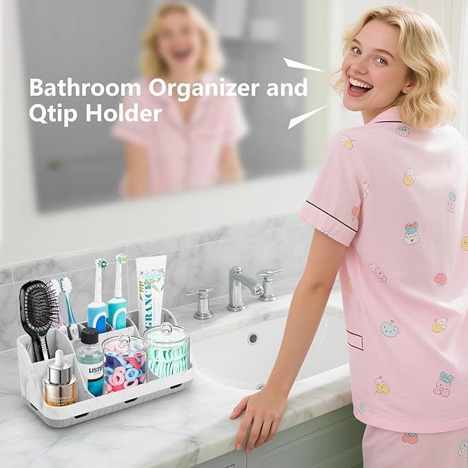 GFWARE Bathroom Toothbrush Holder Set with 2 Pack Qtip Holder Dispenser - Detachable 7 Slots Bathroom Accessory Set, Kids Marble Bathroom Sink Counter Set, Bathroom Essentials Decor, Grey