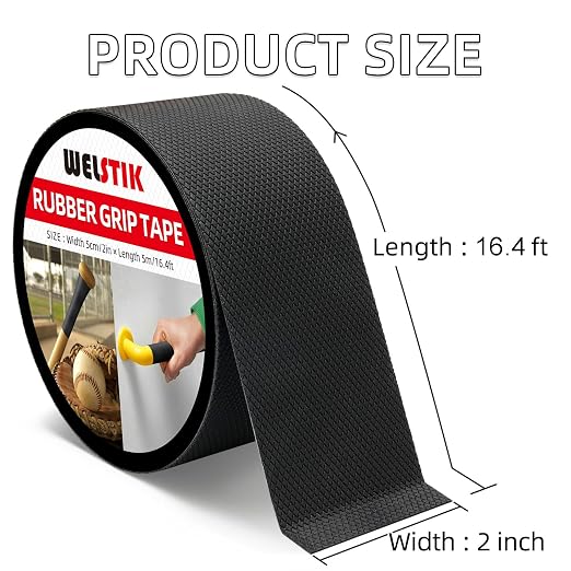 WELSTIK Rubber Grip Tape, Ultra Strong Sweat Absorbent Anti Slip Tape with Textured Adhesive for DIY Tools & Gadgets (Black, 2In x 16.4Ft)