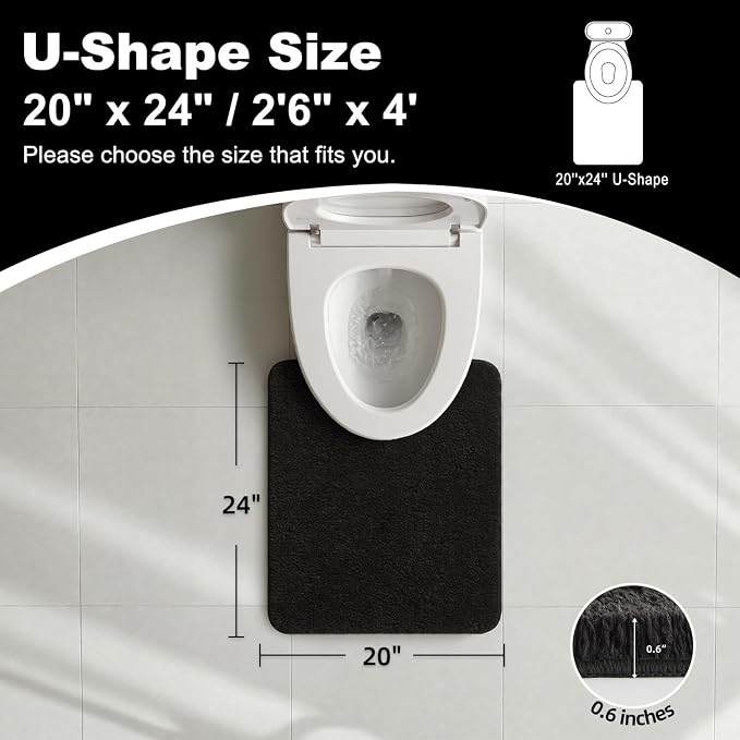 TYUU Toilet Rug, Ultra Soft Toilet Rugs U Shaped Machine Washable Non Slip Absorbent Quick Dry Toilet Mat with Rubber Backing, Black 20" x 24" U Shape