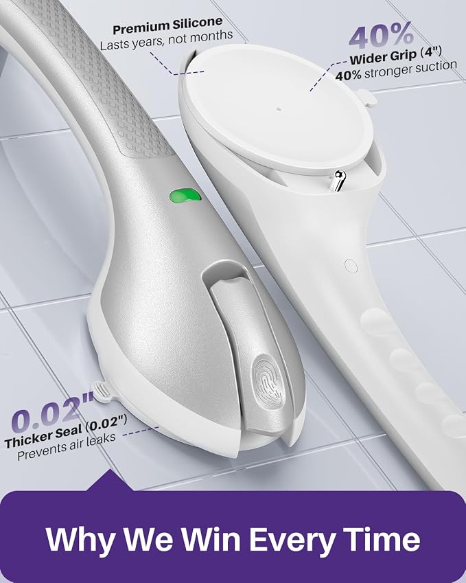 KEKOY 17.5 Inch Suction Grab Bars for Bathtubs & Showers with Indicator 2 Pack- Heavy Duty Safety Shower Handle for Seniors and Elderly, Handicap Bars for Bathroom, No Drilling, Silver