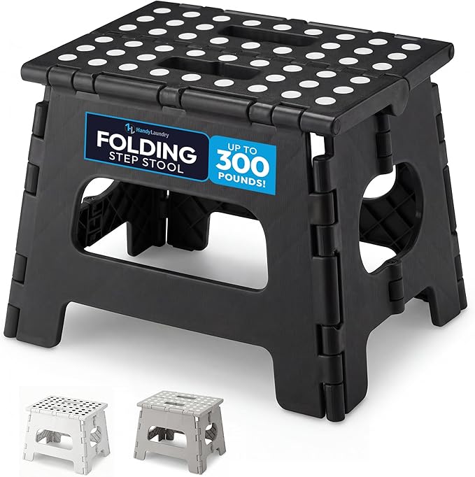 Handy Laundry Folding Lightweight Step Stool - Sturdy Enough to Support Adults - Opens Easy with One Flip - Great for Kitchen, Bathroom or Bedroom (Black - 8 Inch)