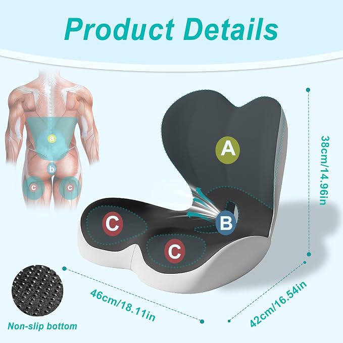 Seat Cushion for Office Chair and Car, Lumbar Support Pillow for Office Chair, Memory Foam Ergonomic Seat Cushion for Long Sitting, Back & Tailbone Pain, Sciatica - Dark Gray & Light Gray