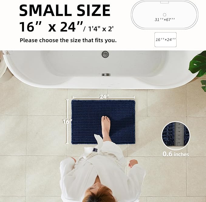 TYUU Waffle Bath Mat, Boho Bathroom Rugs Non Slip Washable Super Absorbent Quick Dry Bath Mat Farmhouse Bathroom Decor, 24"x16" Navy Blue