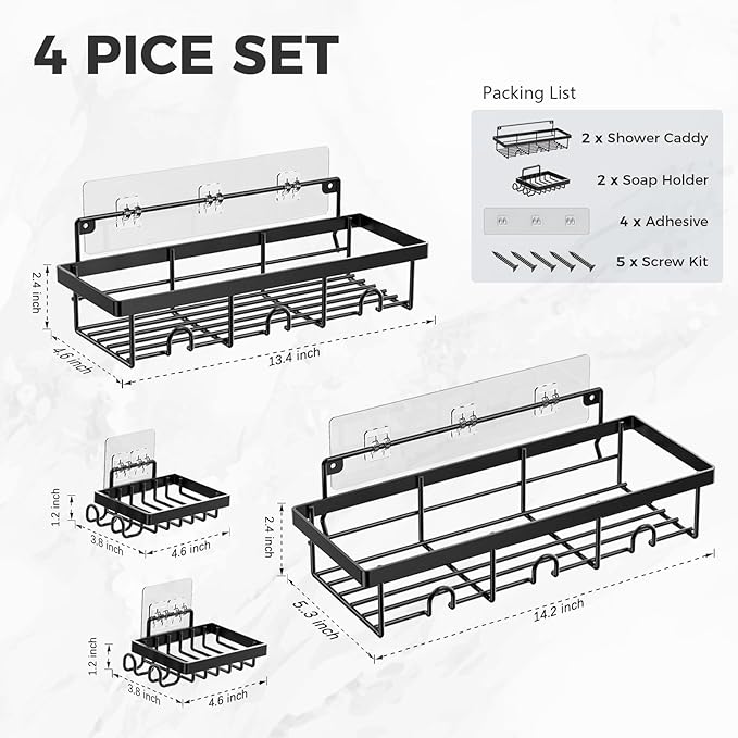 Adhesive Shower Caddy 4-Pack, Rustproof Stainless Steel Shower Organizer, Shower Shelves for Inside Shower Storage, Heavy-Duty No-Drill Rack with Built-in Hooks for Bathroom & RV