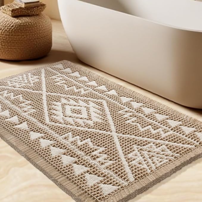 Waffle Bath Mat, Boho Woven Modern Bath Rug Absorbent Non Slip, Ultra Soft Bathroom Mats, Machine Washable Knit Bath Rugs with Triangle Border for Bathroom, Bedroom, Kitchen, 32"x20", Beige & White