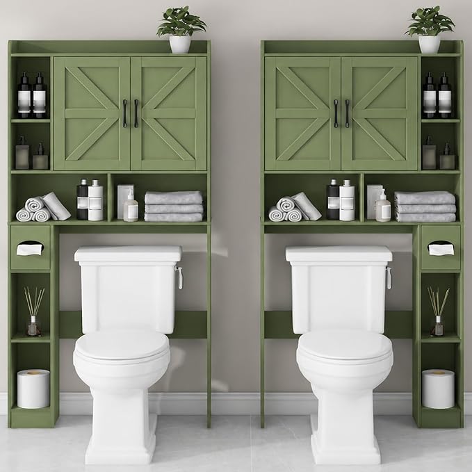 Vabches Over The Toilet Storage Cabinet, Farmhouse Storage Cabinet Over Toilet with 2 Barn Doors & Toilet Paper Holder Stand，Home Space-Saving Toilet Rack, for Bathroom, Restroom, Laundry. Green