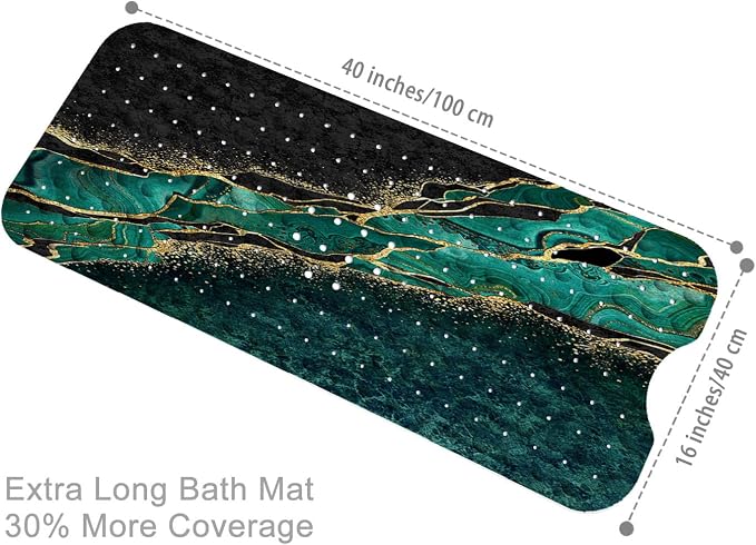 Bathtub Mat Non Slip, 40x16 inch Bath and Shower Safety Mats, Green and Gold Marble Tub Mat for Bathroom, Tub Shower Mat with Drain Holes and Suction Cups