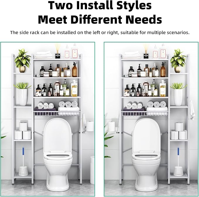 Kalrin 8-Tier Over The Toilet Storage with Side Rack, Over Toilet Storage Rack with Adjustable Shelf & Drain Basket, Freestanding Bathroom Organizer for Balcony, Laundry (Pure White)