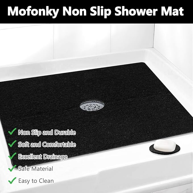 Shower Mat Non Slip: 32 x 24 Inch Extra Large Shower Mats with Drain Hole in Middle - Soft Loofah Quick Drying Matt for Shower Stall