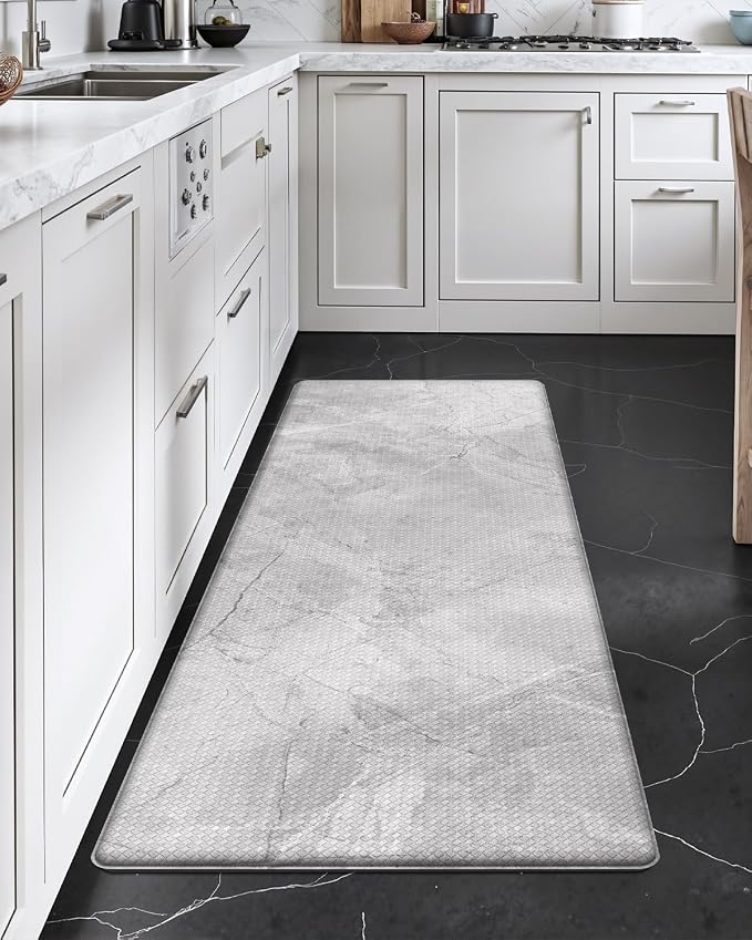 DEXI Kitchen Floor Mats Cushioned Anti Fatigue, 23x59 Large Wide Standing Comfort Runner Rug Waterproof, Marble Memory Foam Padded for Front Sink Laundry, Light Grey