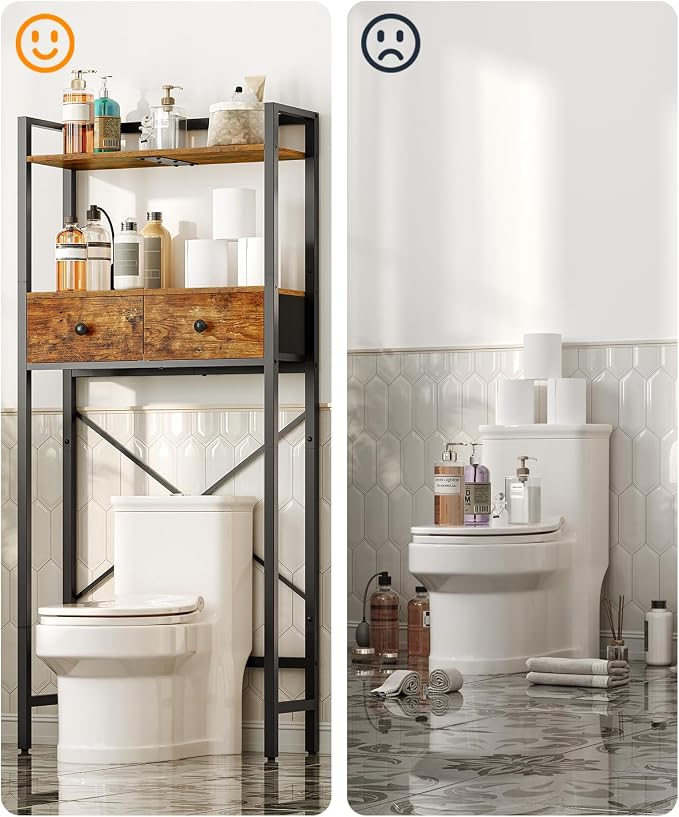 HOOBRO Over The Toilet Storage Rack with 2 Drawers, 3-Tier Bathroom Organizer Shelf Over Toilet, Freestanding Space Saver Bathroom Toilet Shelves Above Toilet for Room, Rustic Brown and Black BF47TS01