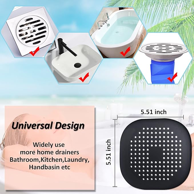 Hair Drain Catcher,Square Drain Cover for Shower Silicone Hair Stopper with Suction Cup,Easy to Install Suit for Bathroom,Bathtub,Kitchen 2 Pack (Ivory White Black)