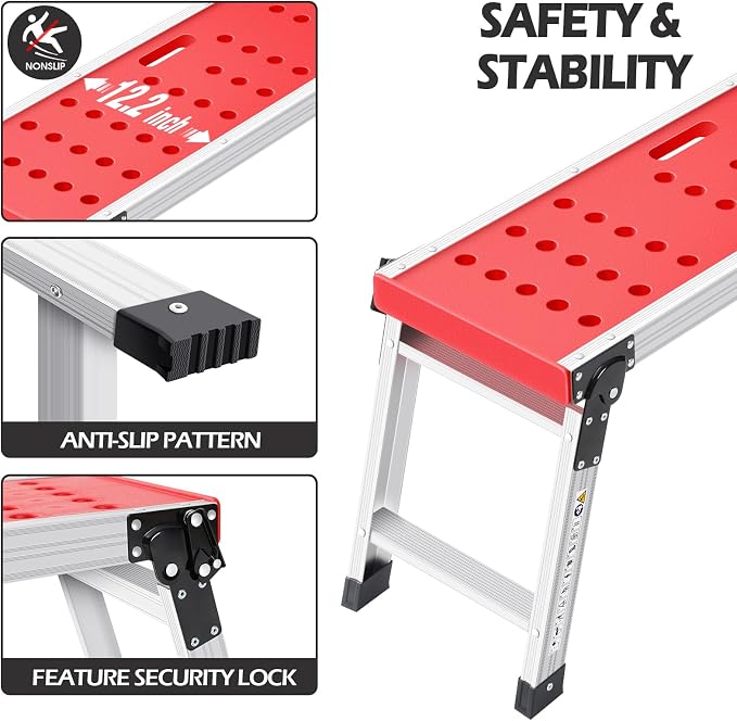 KINGRACK Folding Work Platform, Adjustable Step Ladder with Anti-Slip Feet Cover, Lightweight Stepladder with Safety Lock for Home, Office, Workshop and Garage, Maximum Load 330lbs