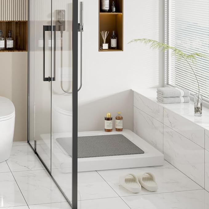 Shower Mat Non Slip Square, Bath Tub Mat for Textured Surface, Soft PVC Loofah Bathtub Mats Without Suction Cups, Quick Drying Shower Floor Mat, 24 x 24 Inch Bathroom Accessories, Grey