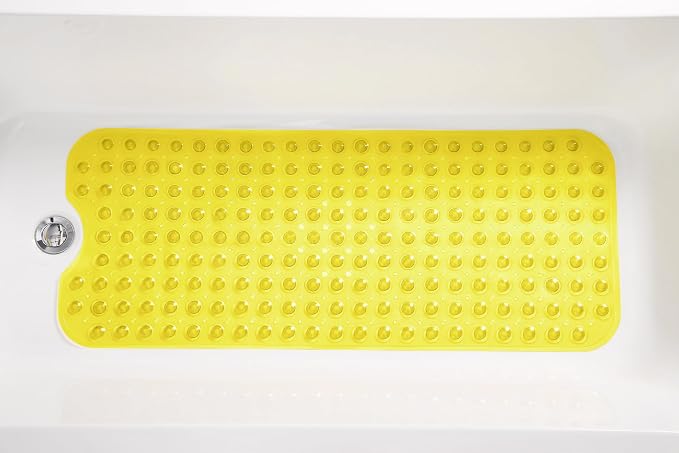 Extra-Long Non-Slip Bathtub & Shower Mat 39”x16” (Smooth/Non-Textured Tubs Only) Safe, Clean, Machine-Washable, Superior Grip&Drainage, Vinyl, Transparent Light Yellow