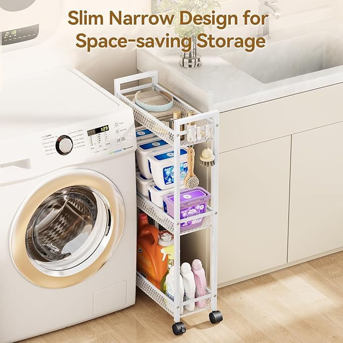 YASONIC Slim Rolling Storage Cart, Metal 3 Tier Bathroom Storage Organizer Laundry Room Utility Cart for Kitchen, Bthroom, Makeup, Craft, Laundry Narrow Places, White