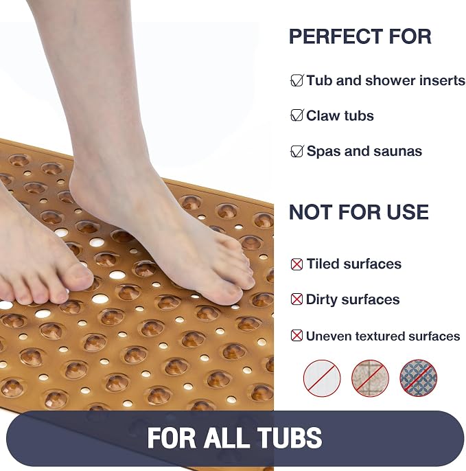 Extra Long Bathtub Mat Non Slip, Clear Brown Soft Bath Mat for Tub 40 x 16 Inch Full Size, Bath Tub Shower Mats for Bathroom Floor, Big Suction Cups and Drain Holes, Easy Washable, BPA Free