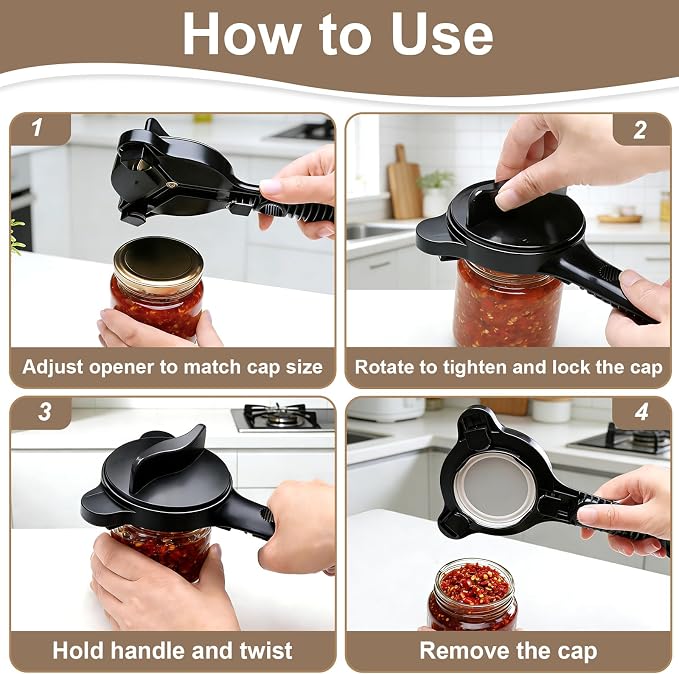 Multi-Functional 4-in-1 Jar Opener, Adjustable Stainless Steel Bottle Opener for Multi Size Jar Bottles with Ergonomic Non-Slip Handle Grip, Kitchen Helper for Seniors Weak Hands Arthritis