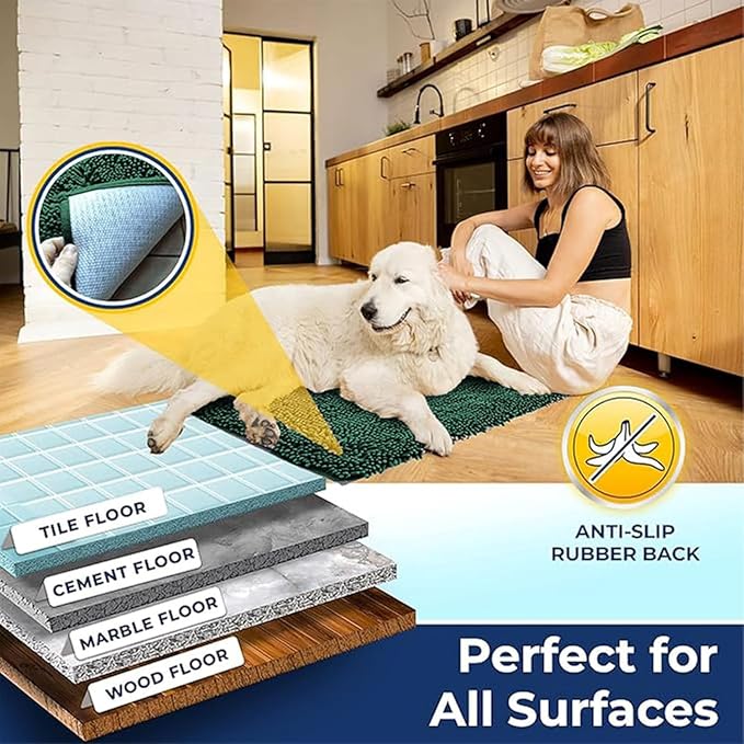 Muddy Mat® | Chenille Bathroom Rugs Quick Dry Microfiber Mats Non Slip Washable, Extra Thick, Soft and Highly Absorbent Bath Mats for Bathroom, Kitchen, and Shower Floor - Dark Green 36"x60"