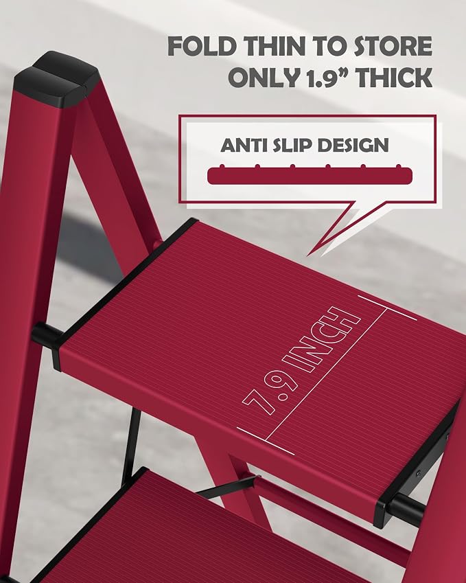 Taranta 4 Step Ladder,Aluminum Lightweight Folding 4 Step Stool with Anti-Slip Wide Pedal,330lbs Capacity Step Ladder for Household,Kitchen,Office - Red