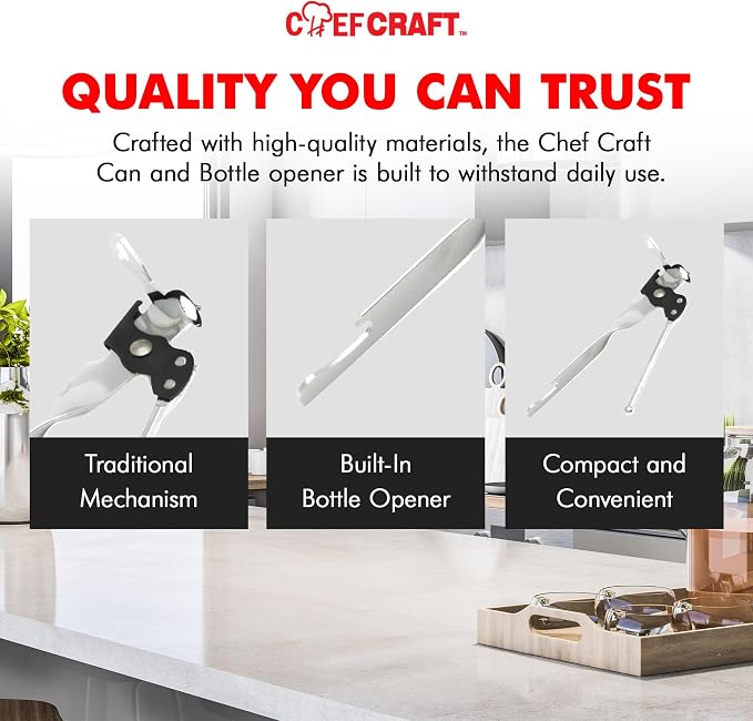 Chef Craft Select Can Opener with Bottle Opener, 7 Inch, Chrome, Nickle Plated