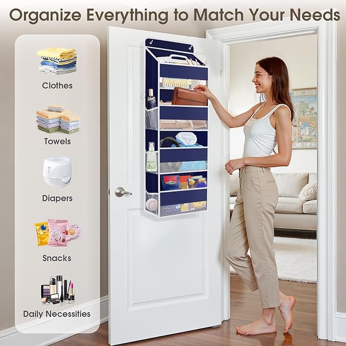 SpaceHacks 2 Pack Over The Door Organizer, Hanging Storage Organizer with Clear Window, 40lb Ultra Sturdy Large Capacity Room Organizer for Pantry Laundry Bathroom Nursery Closet (Blue)
