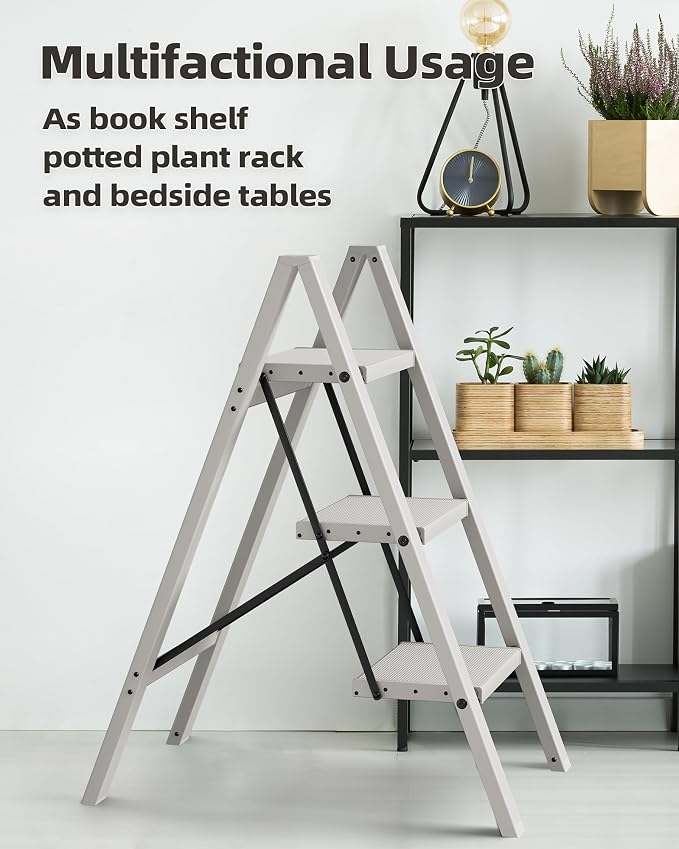 HillhutApex 3 Step Stool, Aluminum Foldable Step Ladder, Lightweight Stable Stool with Wide Non-Slip Pedals, 330lbs Bearing Capacity Ladder for Office,Home,Kitchen - Grey