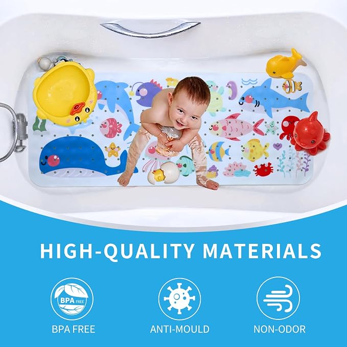 Baby Bath Mat for Tub Non Slip Kids Bathtub Mat Extra Long 40X16 Inch Toddler Bath Tub Shower Mat Anti Slip with Suction Cups & Drain Holes, Machine Washable (Sea Fish)