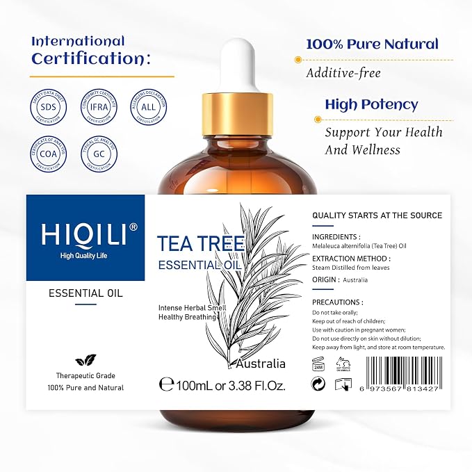 HIQILI Tea Tree Oil for Skin, Hair, Toenail, Add to Shampoo, Body Wash, Foot Soak - 3.38 Fl Oz