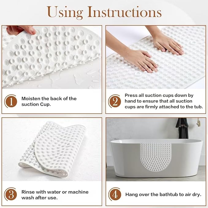 Bathtub Mat 27x15 Non Slip - White Silicone Pop It Bath Mat for Tub, Soft Cushioned Shower Mat with Strong Suction Cups, Small Oval for Inside Bathroom, White