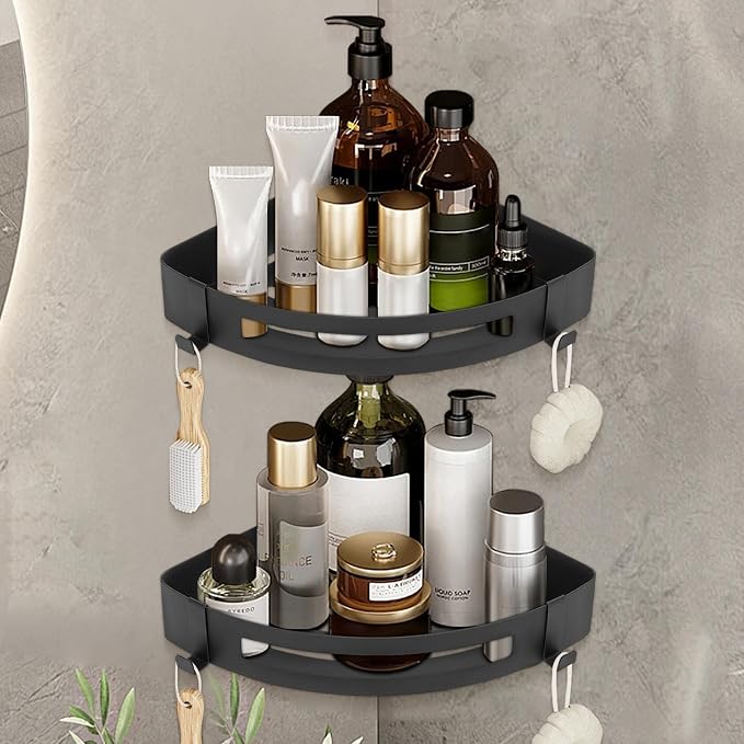 NearMoon Bathroom Shower Caddy 2 Pack, 304 Stainless Steel Shower Organizer with 2 Hooks, No Drill (Corner Shelf, Matte Black)