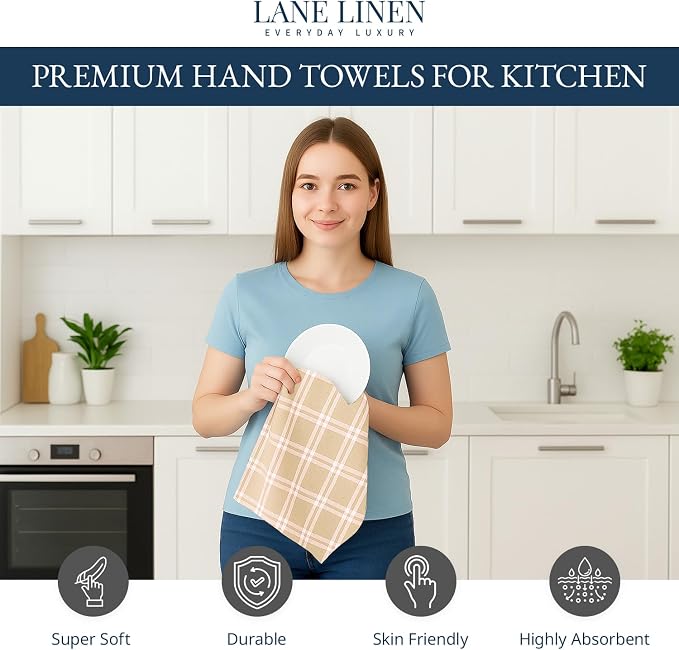 LANE LINEN Cotton Kitchen Towels Set, 4-Pack – Absorbent, Quick-Drying, Premium Dish Towels, Tea Towels, 18" x 28" - Beige