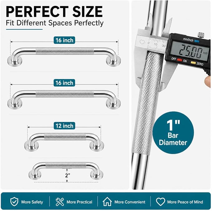 Grab Bars for Shower 3 Pack, 2x16 & 1x12 Stainless Steel Safety Handrails, Heavy Duty Wall Mounted Grab Bars for Bathroom, Stairways, Hallways, Toilet, Handicap & Elderly Support, 500 lbs