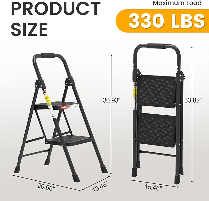 HBTower 2 Step Ladder, Folding Step Stool with Wide Anti-Slip Pedal, Step Stool Foldable with Cushioned Handle for Home and Kitchen, Black