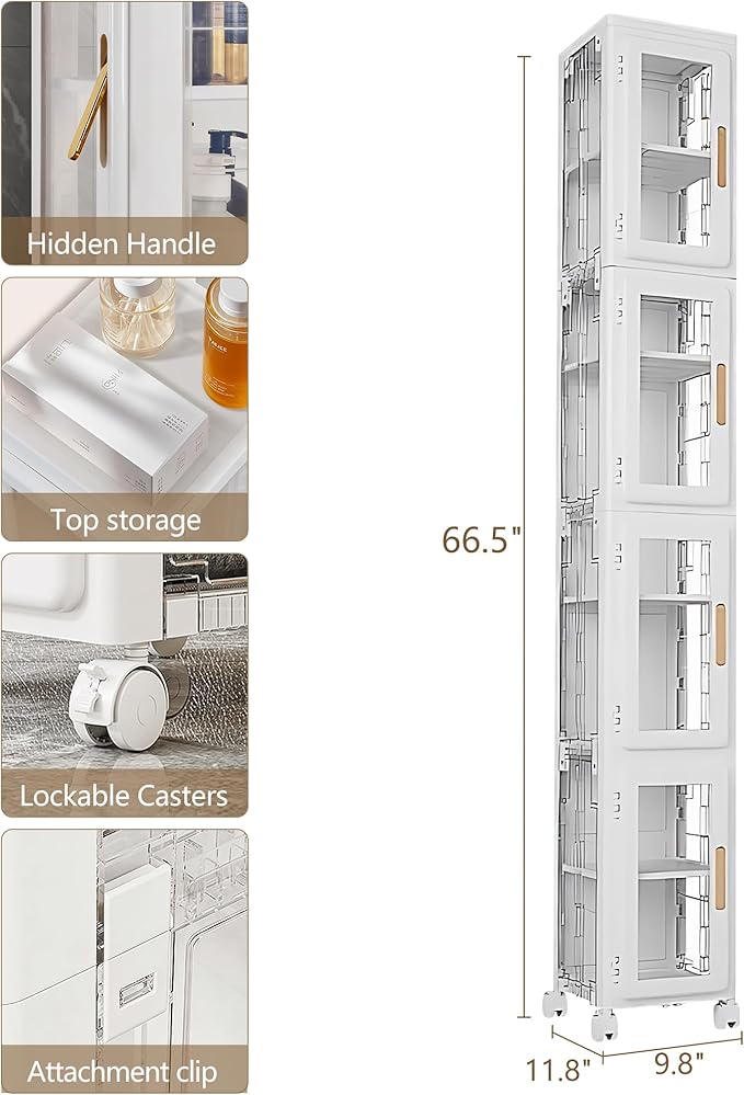 VECELO 4 Tier Tall Plastic Slim Storage Cabinet with Lockable Wheels, Adjustable Shelves, Anti-Tip for Bathroom, Living Room, Laundry Room, Kitchen, Narrow/Small Space, Easy Assembly, Clear