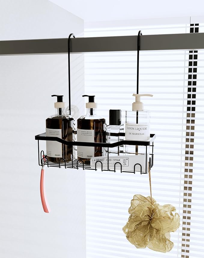 Slizy Hanging Shower Rack, Black Bathroom Storage Rack, Bathroom Door Organizer, Shower Basket, Shampoo Holder, No Drilling Required, Organizes Essentials, Single-Tier Shelf