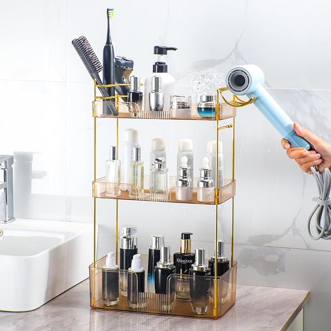 Akinbas 3 Tier Bathroom Organizer Countertop Makeup Perfume Tray Skincare Organizer Comes with Hair Dryer Rack and Toothbrush Holder for Bathroom Dresser Vanity (Gold)