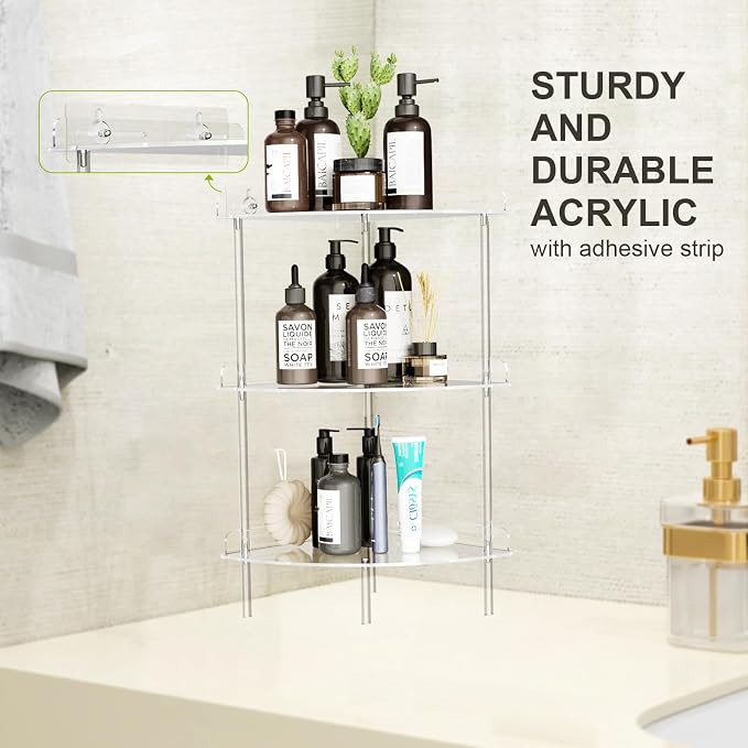 Bakzon Corner Shower Caddy, 3 Tier Acrylic Shower Organizer Corner for Inside Shower, Rustproof Floor Standing Shower Shelves for Bathroom, Clear