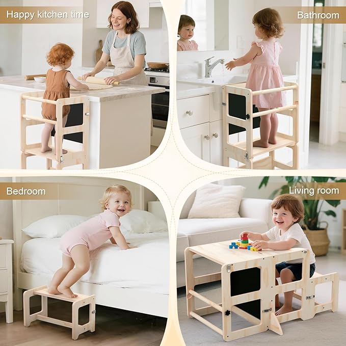 Toddler Kitchen Step Stool, 4-in-1 Foldable Standing Tower with Blackboard, Toddler Step Stool for Bathroom Sink, Kitchen Counter, Ages 18 Months+, 1-3 Year Old Boy Girl Gifts